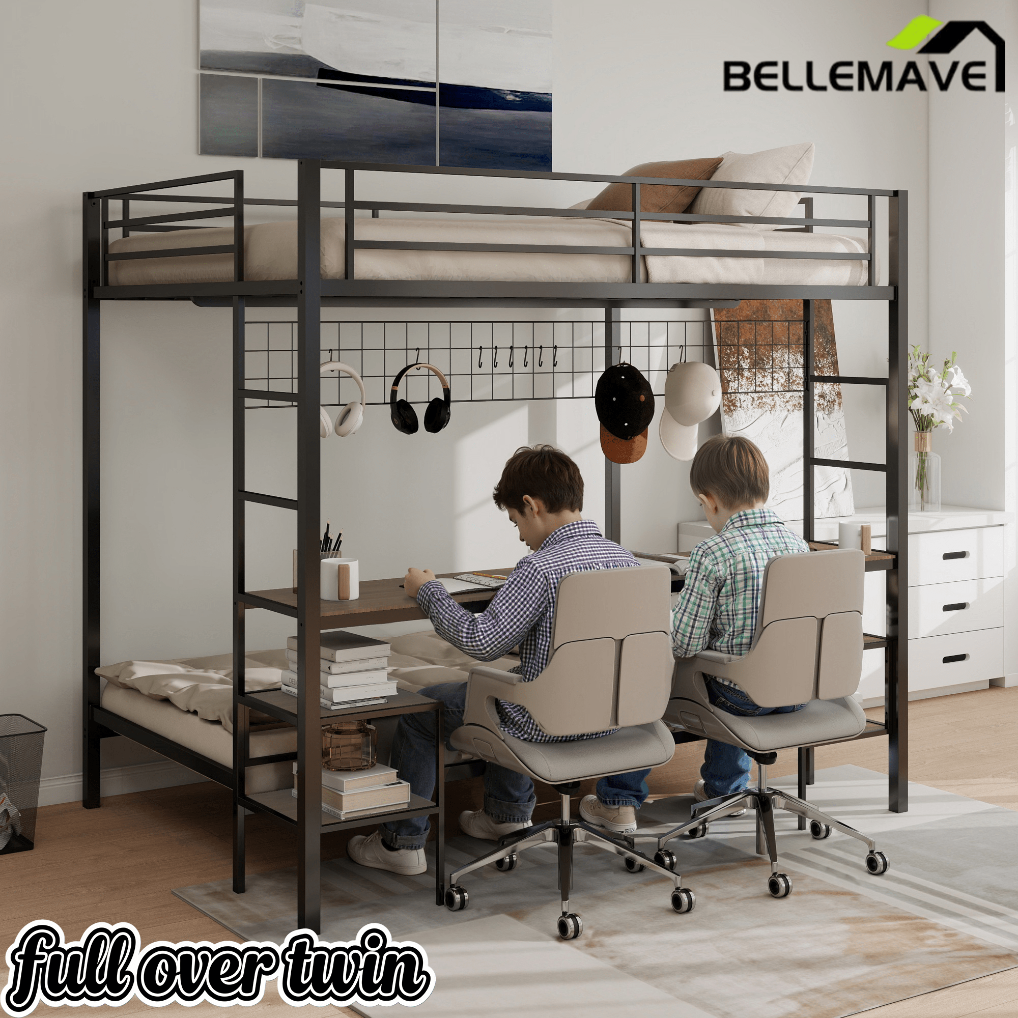Bellemave® Full Over Twin Bunk Bed with Desk, Shelves & Charging Station - Bellemave