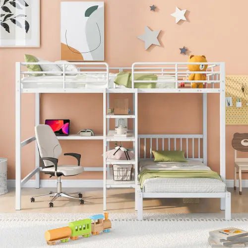 Bellemave® Full Over Twin Metal Bunk Bed with Built - in Desk, Shelves and Ladder - Bellemave
