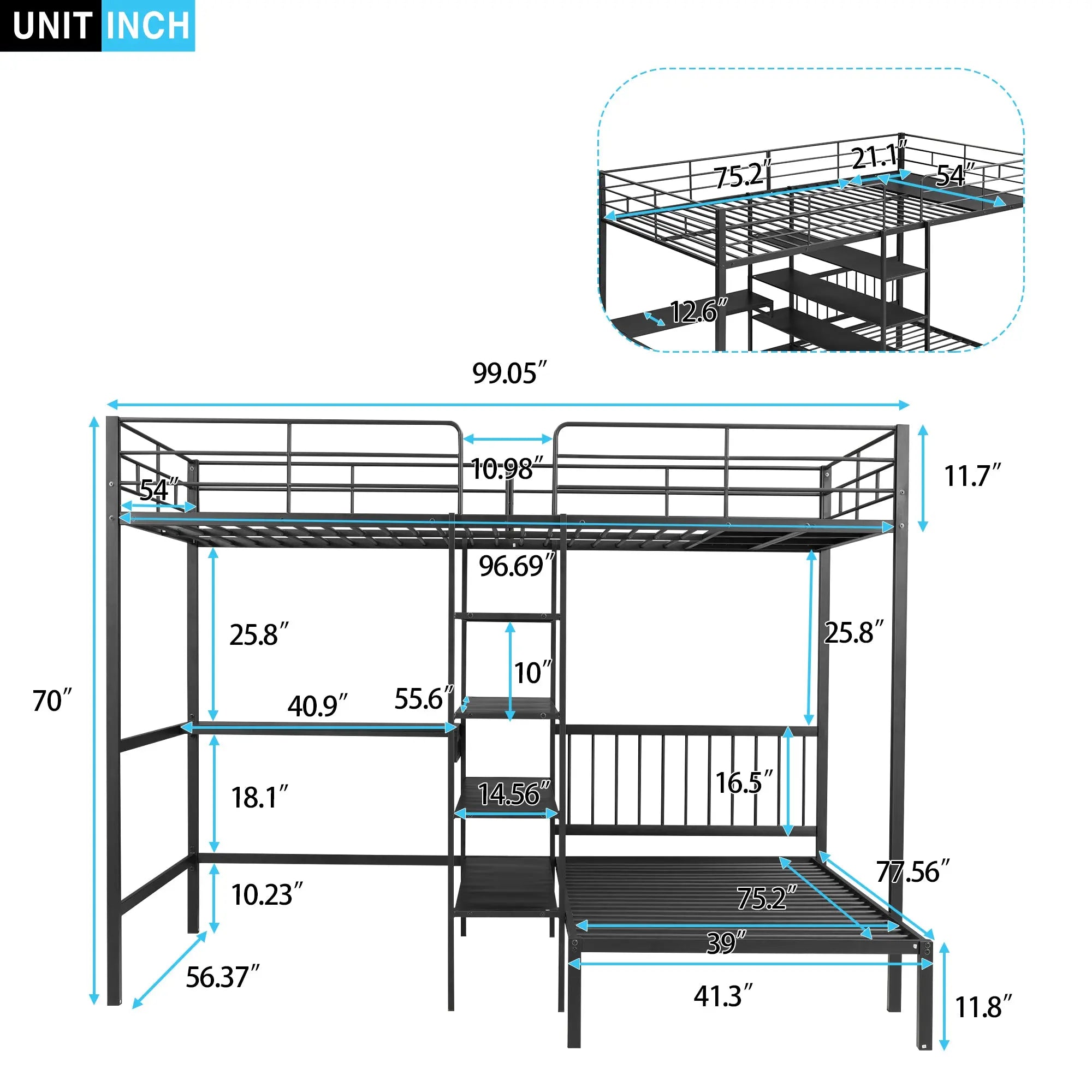 Bellemave® Full Over Twin Metal Bunk Bed with Built - in Desk, Shelves and Ladder - Bellemave