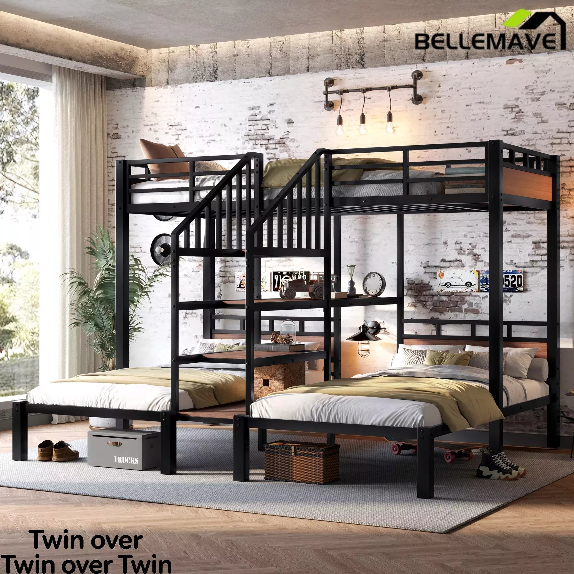 Bellemave® Full over Twin over Twin Metal Bunk Bed with Shelf & Stairs, Heavy Duty Triple Bunk Beds with Safety Guardrails, for 3 Kids, Teens, Black - Bellemave
