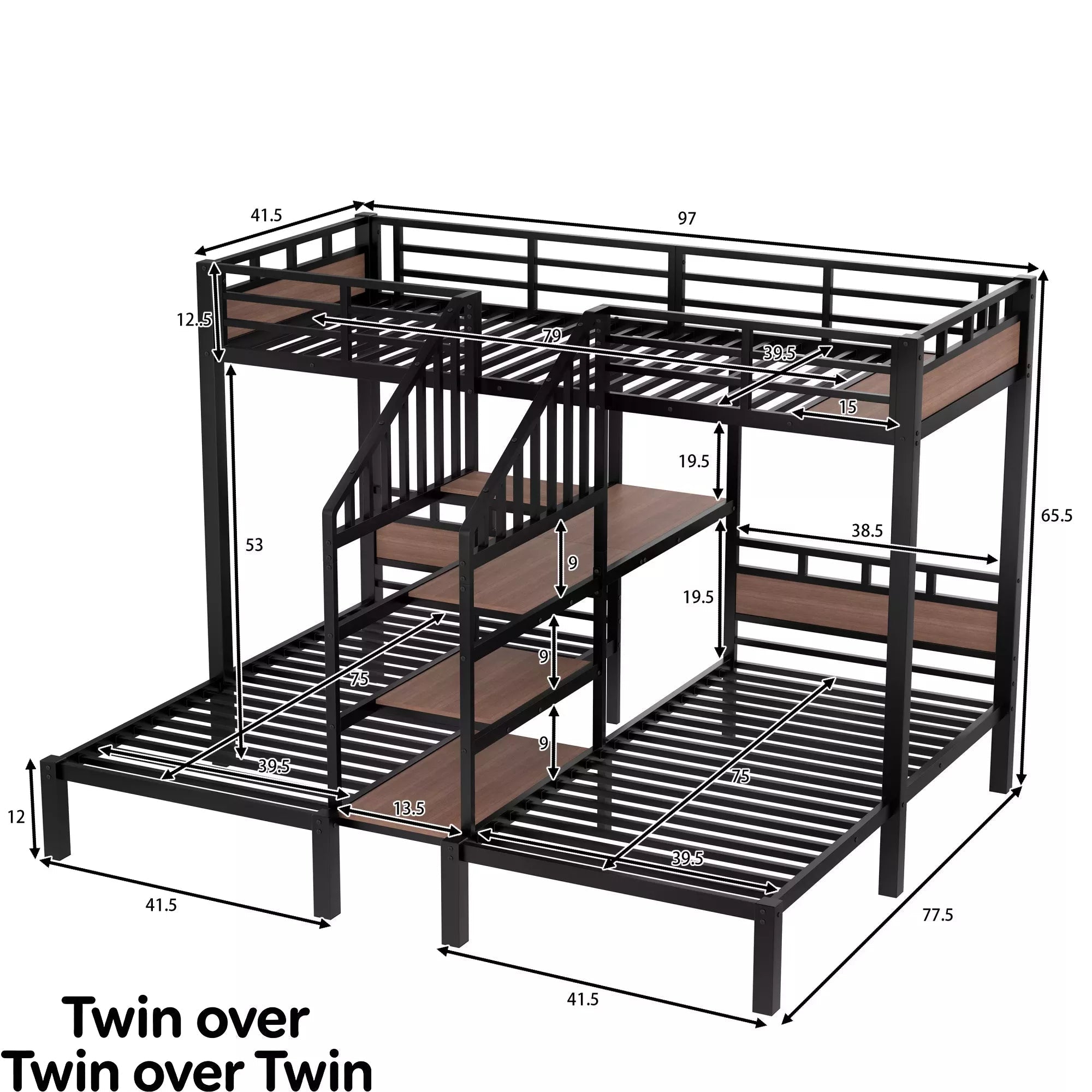 Bellemave® Full over Twin over Twin Metal Bunk Bed with Shelf & Stairs, Heavy Duty Triple Bunk Beds with Safety Guardrails, for 3 Kids, Teens, Black - Bellemave