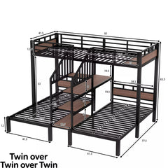 Bellemave® Full over Twin over Twin Metal Bunk Bed with Shelf & Stairs, Heavy Duty Triple Bunk Beds with Safety Guardrails, for 3 Kids, Teens, Black - Bellemave