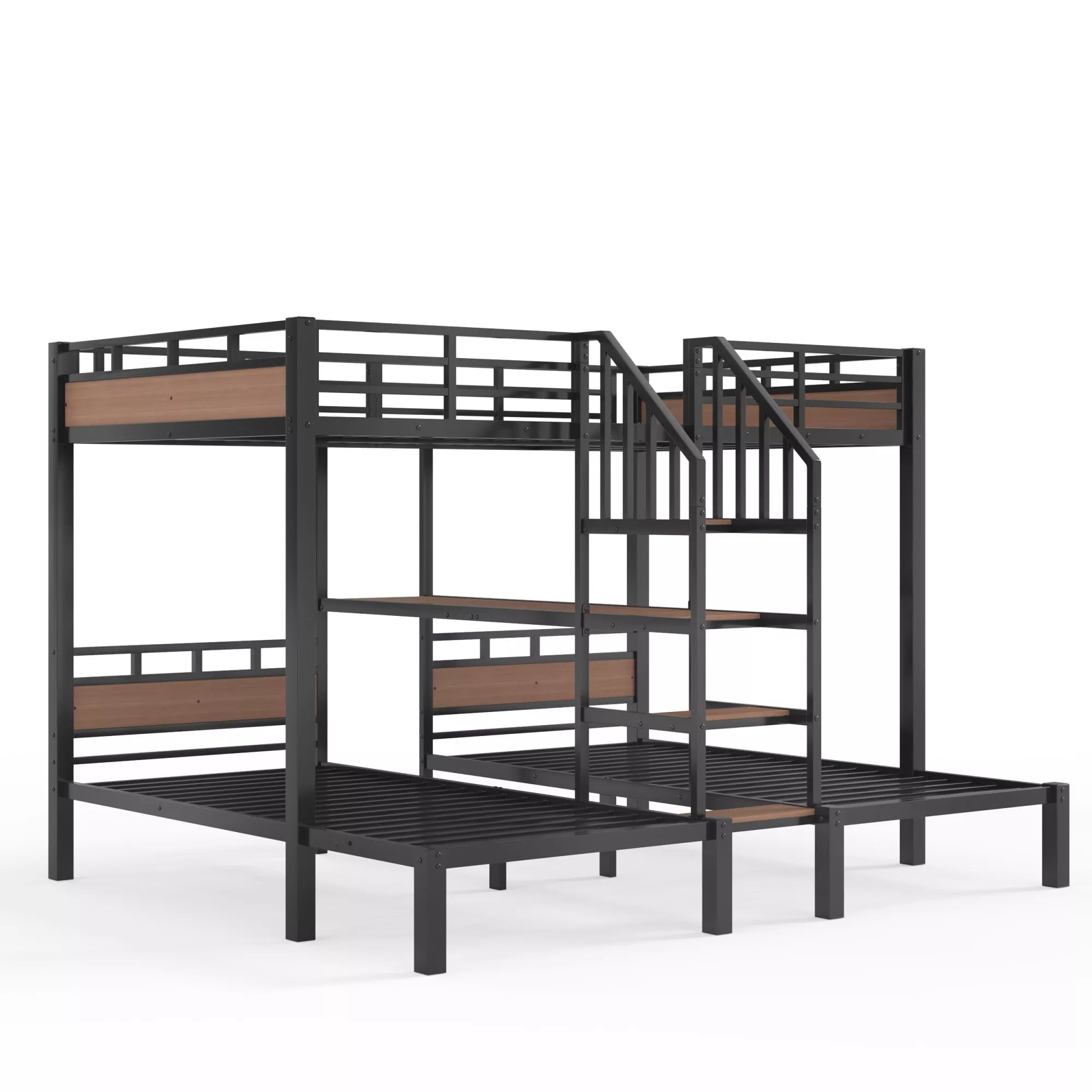 Bellemave® Full over Twin over Twin Metal Bunk Bed with Shelf & Stairs, Heavy Duty Triple Bunk Beds with Safety Guardrails, for 3 Kids, Teens, Black - Bellemave