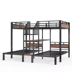 Bellemave® Full over Twin over Twin Metal Bunk Bed with Shelf & Stairs, Heavy Duty Triple Bunk Beds with Safety Guardrails, for 3 Kids, Teens, Black - Bellemave