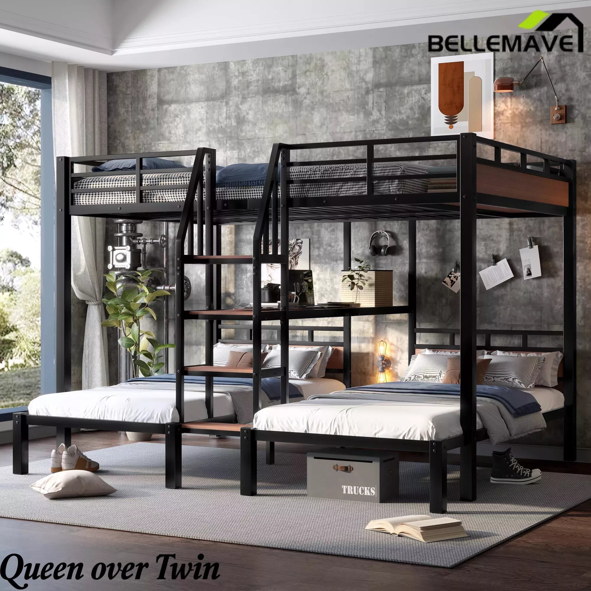 Bellemave® Full over Twin over Twin Metal Bunk Bed with Shelf & Stairs, Heavy Duty Triple Bunk Beds with Safety Guardrails, for 3 Kids, Teens, Black - Bellemave