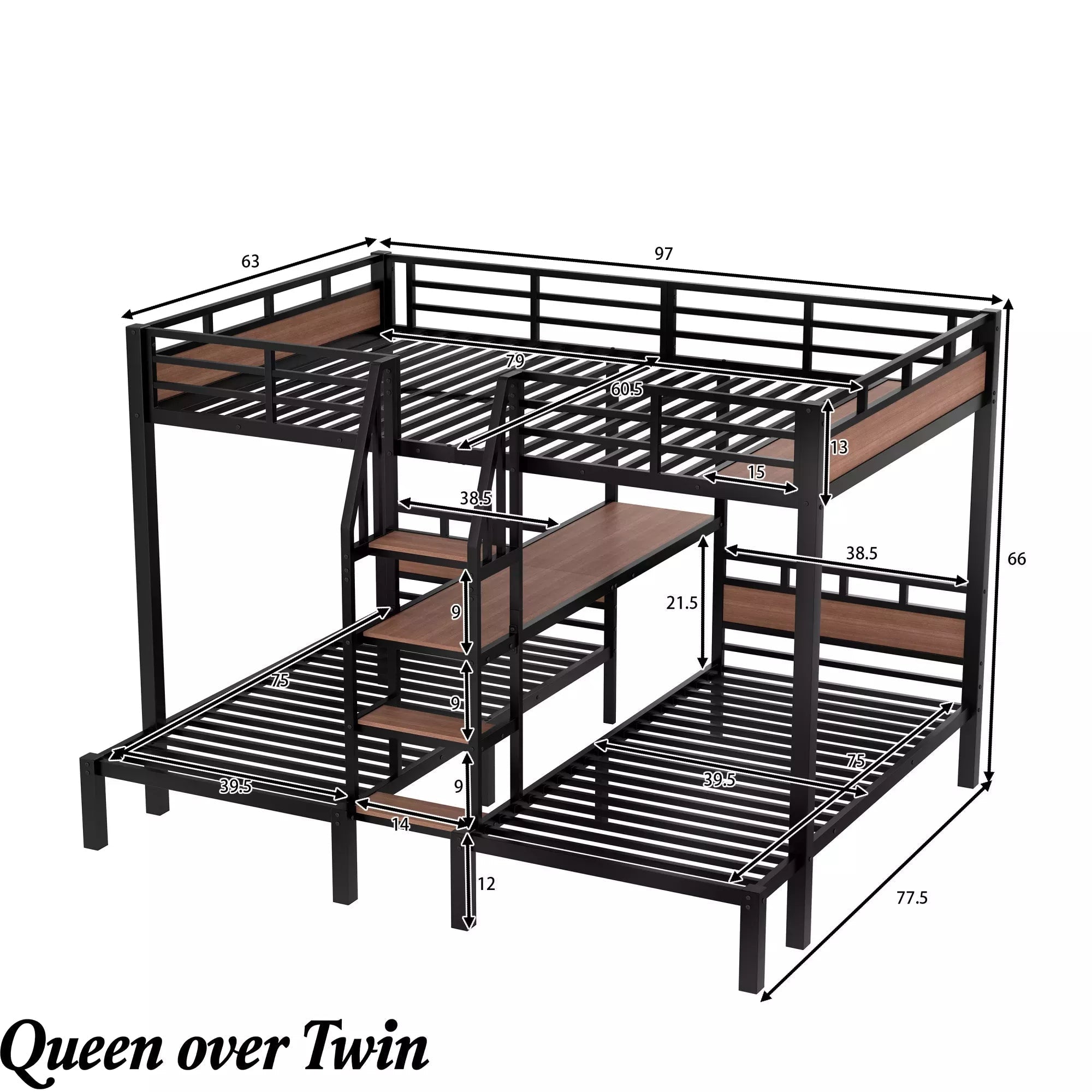 Bellemave® Full over Twin over Twin Metal Bunk Bed with Shelf & Stairs, Heavy Duty Triple Bunk Beds with Safety Guardrails, for 3 Kids, Teens, Black - Bellemave
