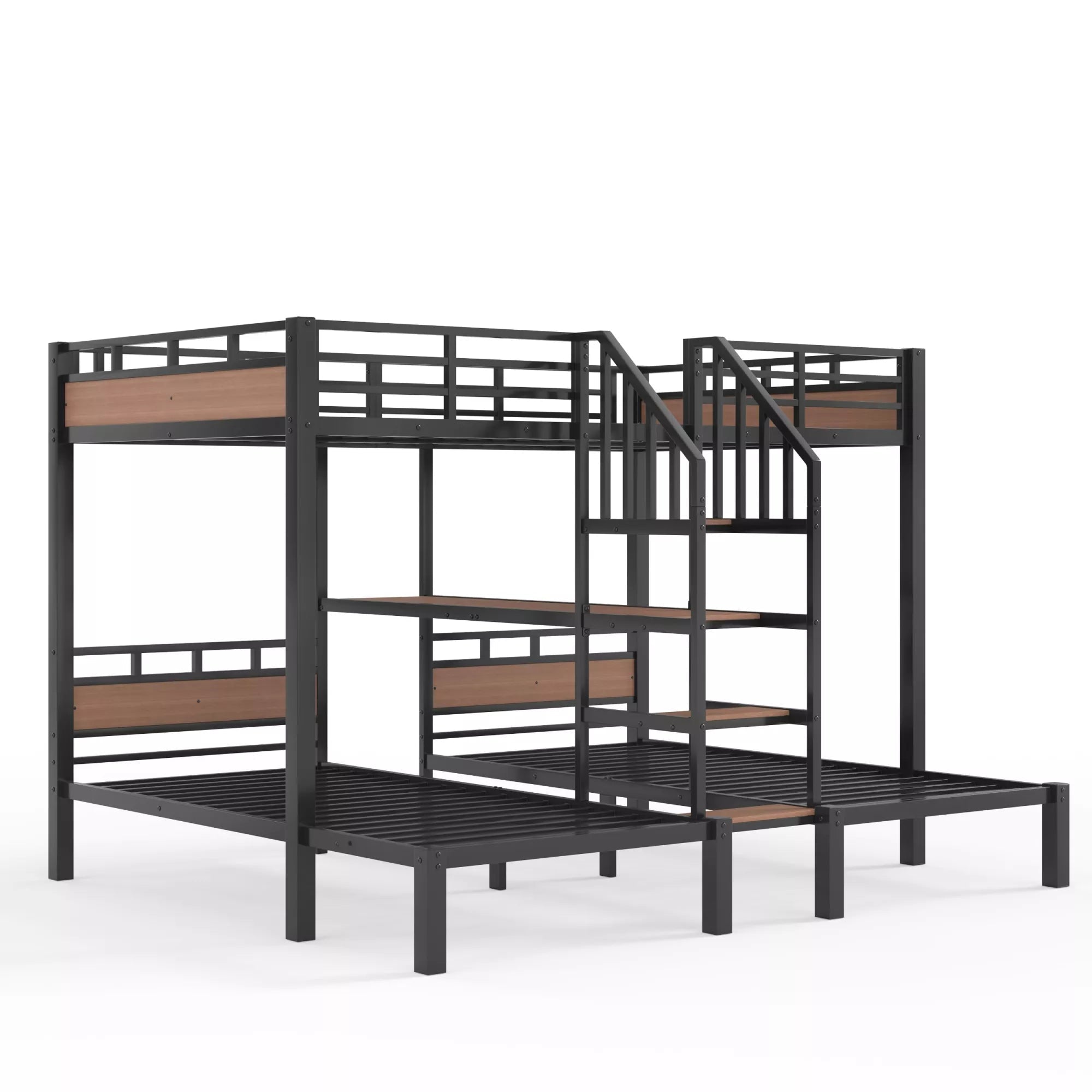 Bellemave® Full over Twin over Twin Metal Bunk Bed with Shelf & Stairs, Heavy Duty Triple Bunk Beds with Safety Guardrails, for 3 Kids, Teens, Black - Bellemave