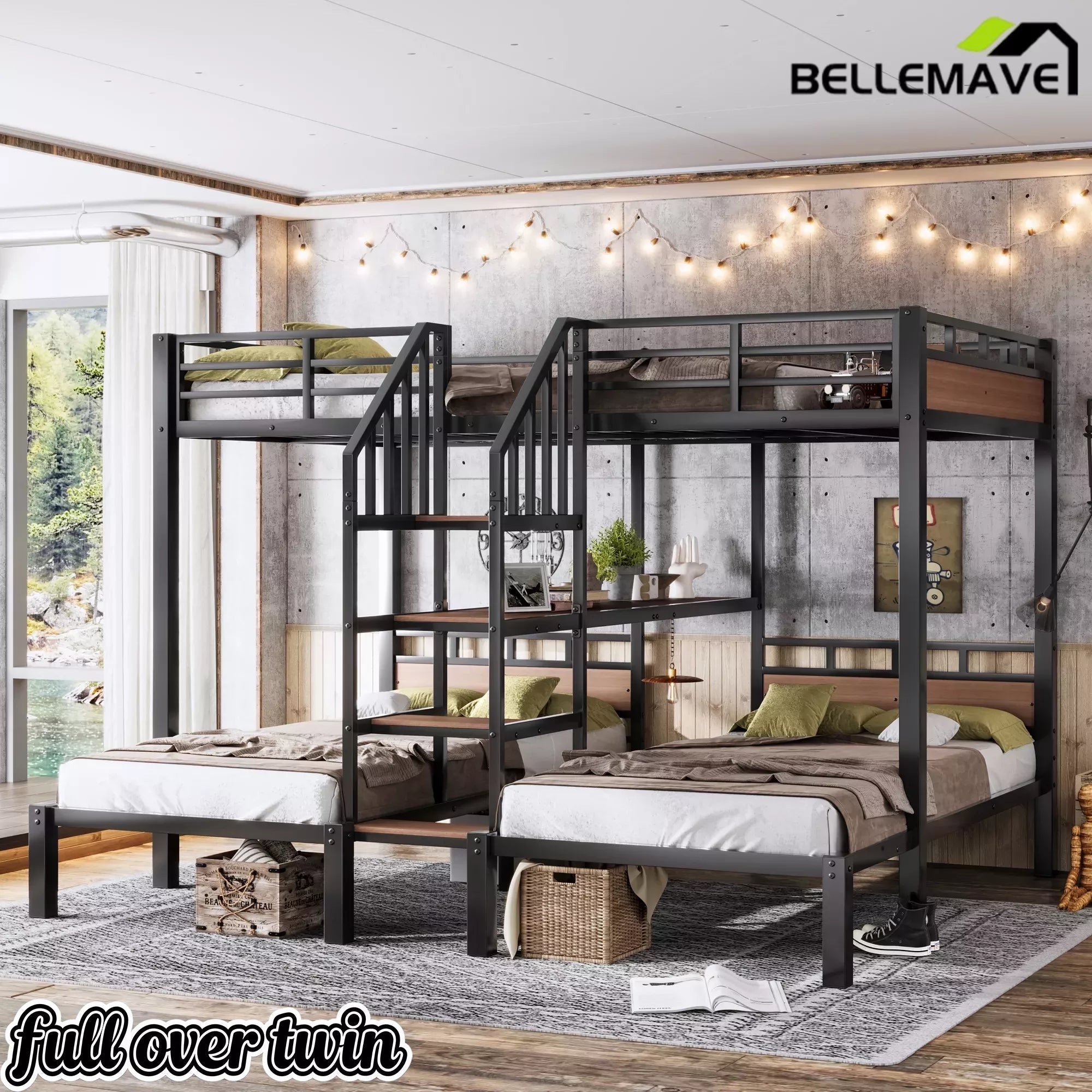 Bellemave® Full over Twin over Twin Metal Bunk Bed with Shelf & Stairs, Heavy Duty Triple Bunk Beds with Safety Guardrails, for 3 Kids, Teens, Black - Bellemave