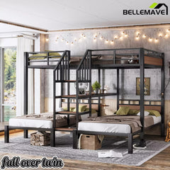 Bellemave® Full over Twin over Twin Metal Bunk Bed with Shelf & Stairs, Heavy Duty Triple Bunk Beds with Safety Guardrails, for 3 Kids, Teens, Black - Bellemave