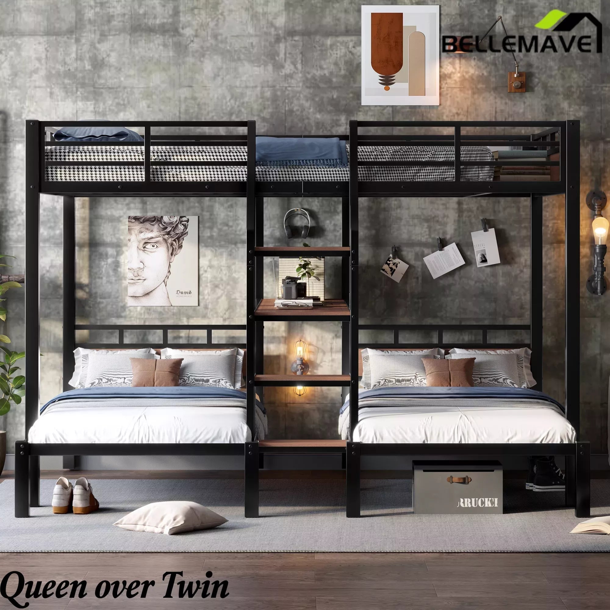 Bellemave® Full over Twin over Twin Metal Bunk Bed with Shelf & Stairs, Heavy Duty Triple Bunk Beds with Safety Guardrails, for 3 Kids, Teens, Black - Bellemave