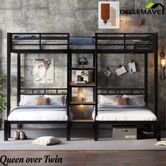 Bellemave® Full over Twin over Twin Metal Bunk Bed with Shelf & Stairs, Heavy Duty Triple Bunk Beds with Safety Guardrails, for 3 Kids, Teens, Black - Bellemave
