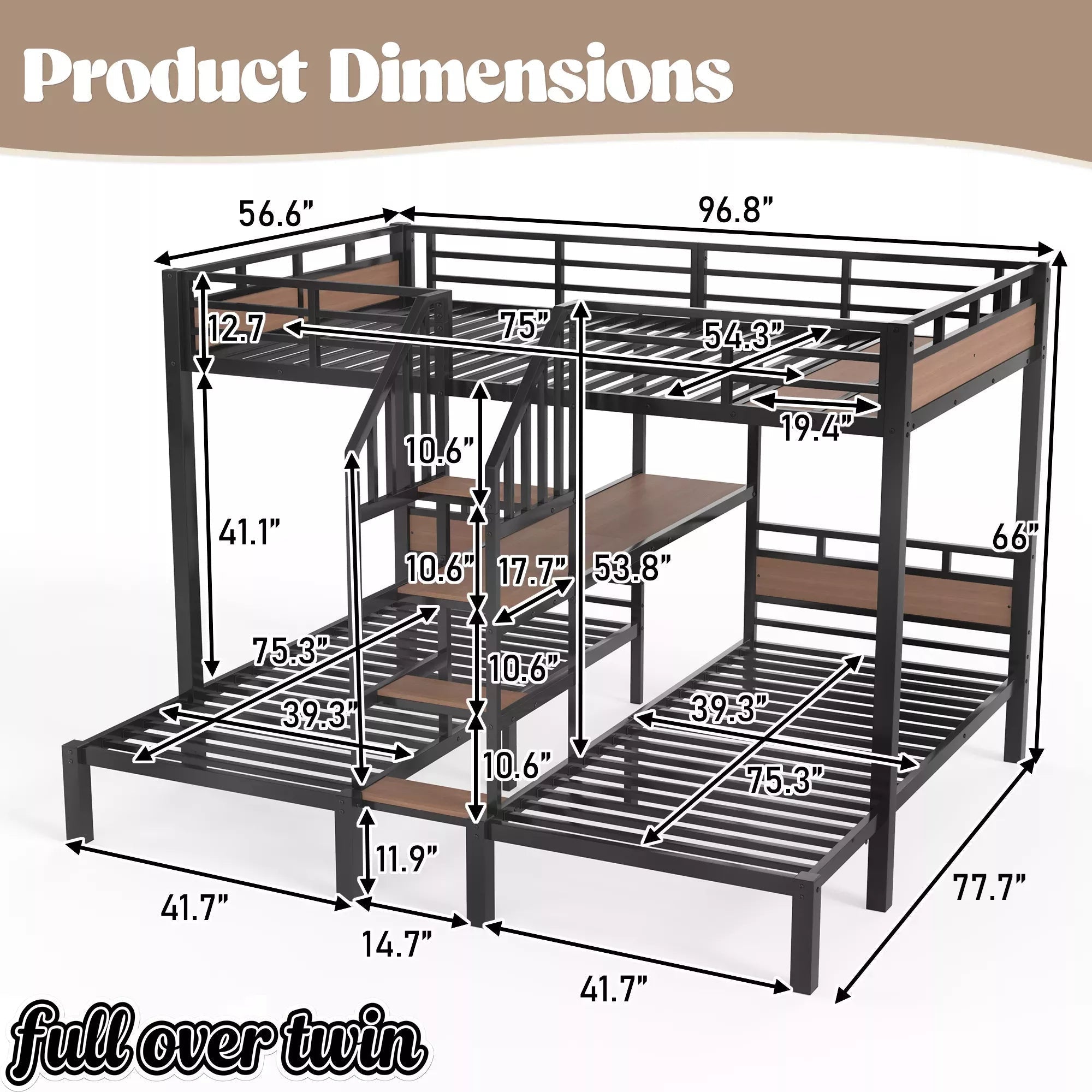 Bellemave® Full over Twin over Twin Metal Bunk Bed with Shelf & Stairs, Heavy Duty Triple Bunk Beds with Safety Guardrails, for 3 Kids, Teens, Black - Bellemave