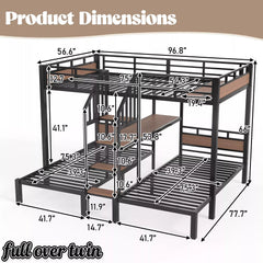 Bellemave® Full over Twin over Twin Metal Bunk Bed with Shelf & Stairs, Heavy Duty Triple Bunk Beds with Safety Guardrails, for 3 Kids, Teens, Black - Bellemave