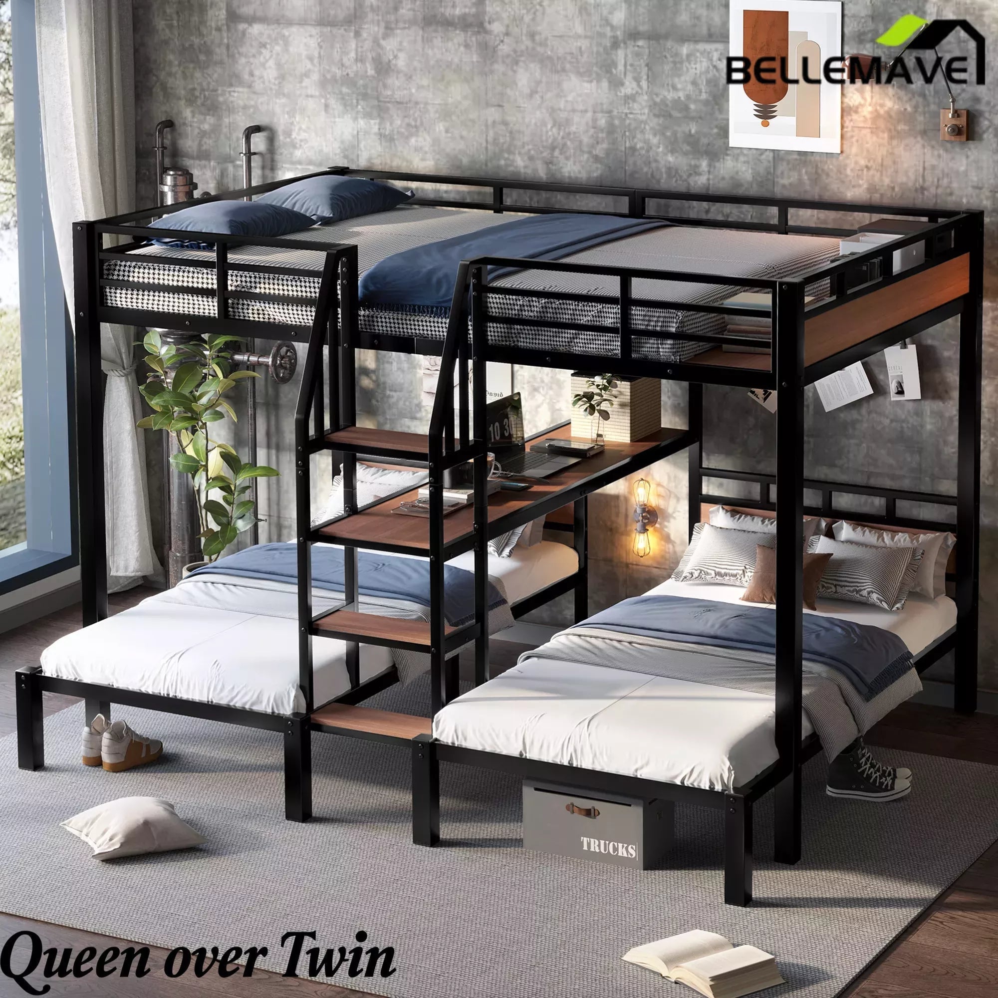 Bellemave® Full over Twin over Twin Metal Bunk Bed with Shelf & Stairs, Heavy Duty Triple Bunk Beds with Safety Guardrails, for 3 Kids, Teens, Black - Bellemave