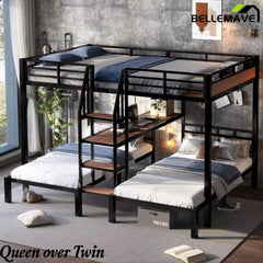 Bellemave® Full over Twin over Twin Metal Bunk Bed with Shelf & Stairs, Heavy Duty Triple Bunk Beds with Safety Guardrails, for 3 Kids, Teens, Black - Bellemave