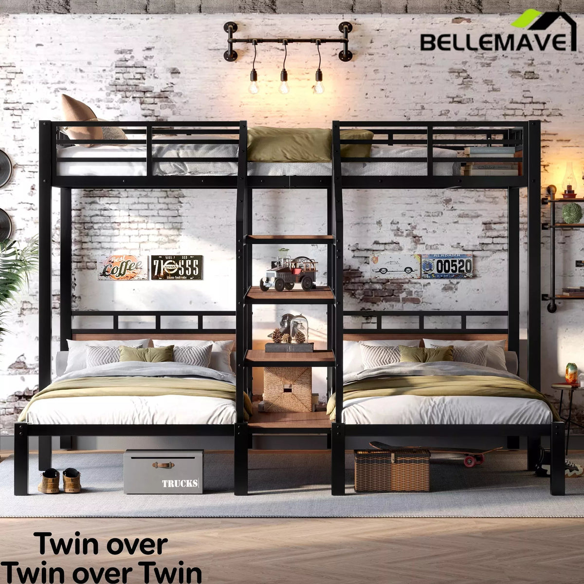 Bellemave® Full over Twin over Twin Metal Bunk Bed with Shelf & Stairs, Heavy Duty Triple Bunk Beds with Safety Guardrails, for 3 Kids, Teens, Black - Bellemave