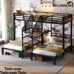 Bellemave® Full over Twin over Twin Metal Bunk Bed with Shelf & Stairs, Heavy Duty Triple Bunk Beds with Safety Guardrails, for 3 Kids, Teens, Black - Bellemave