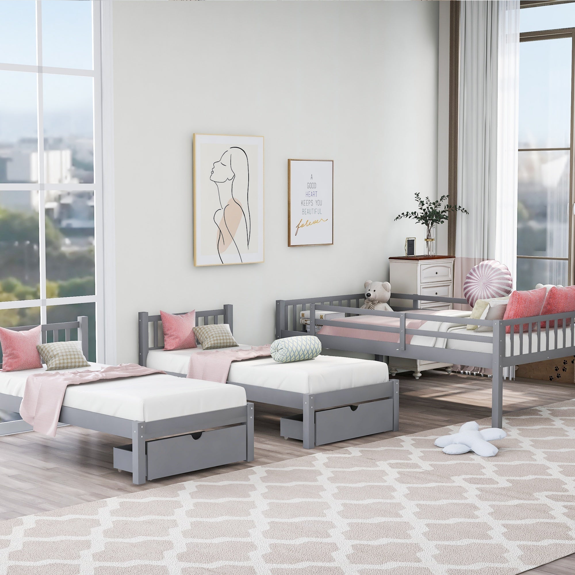 Bellemave® Full Over Twin & Twin Bunk Bed, Wood Triple Bunk Bed with Drawers and Guardrails, Gray - Bellemave