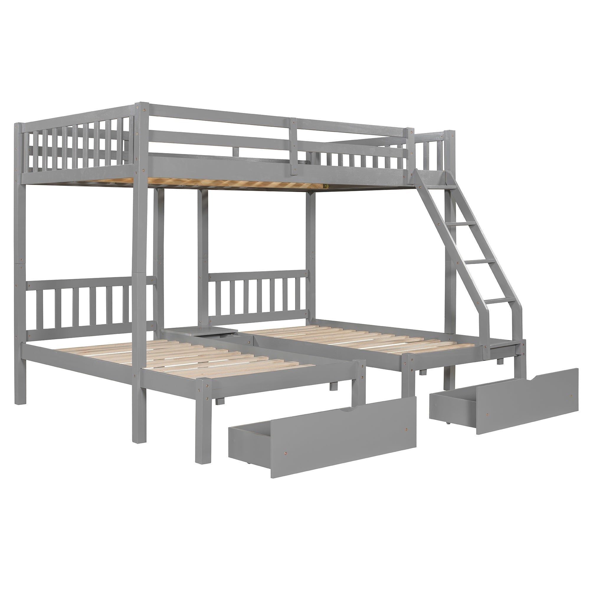 Bellemave® Full Over Twin & Twin Bunk Bed, Wood Triple Bunk Bed with Drawers and Guardrails, Gray - Bellemave