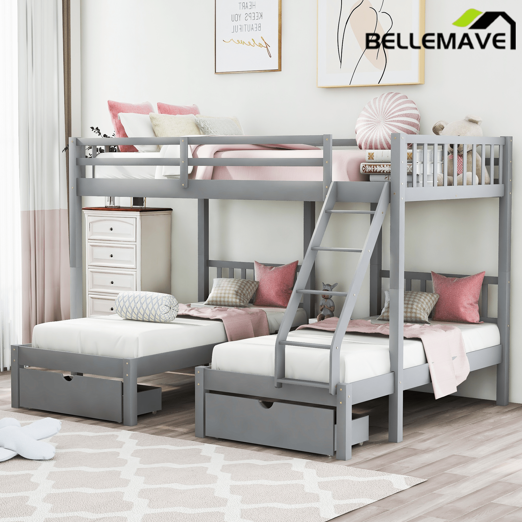 Bellemave® Full Over Twin & Twin Bunk Bed, Wood Triple Bunk Bed with Drawers and Guardrails, Gray - Bellemave