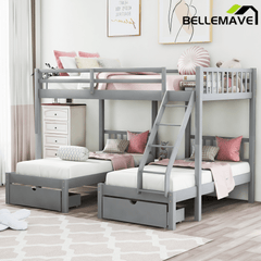Bellemave® Full Over Twin & Twin Bunk Bed, Wood Triple Bunk Bed with Drawers and Guardrails, Gray - Bellemave