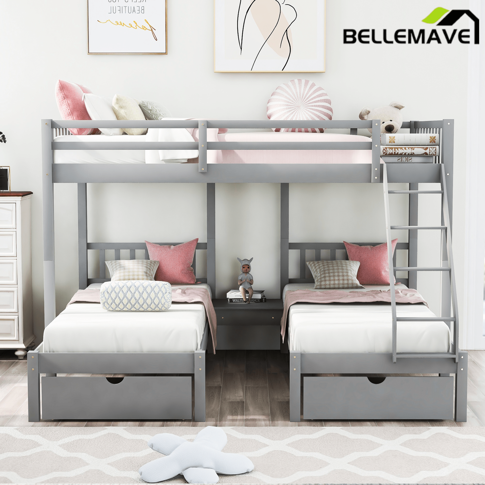 Bellemave® Full Over Twin & Twin Bunk Bed, Wood Triple Bunk Bed with Drawers and Guardrails, Gray - Bellemave