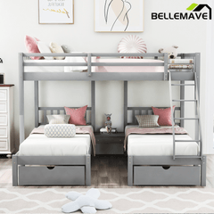 Bellemave® Full Over Twin & Twin Bunk Bed, Wood Triple Bunk Bed with Drawers and Guardrails, Gray - Bellemave