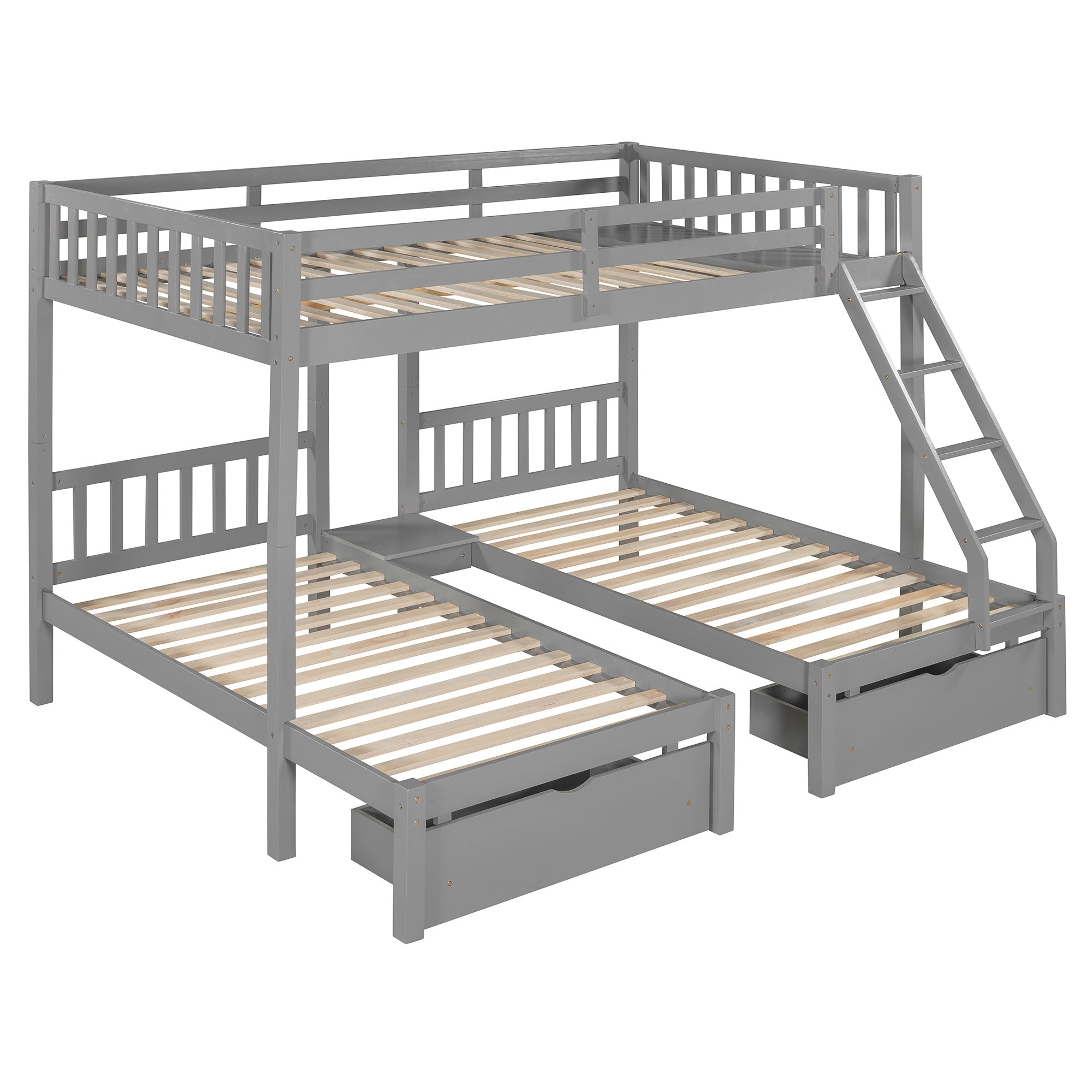 Bellemave® Full Over Twin & Twin Bunk Bed, Wood Triple Bunk Bed with Drawers and Guardrails, Gray - Bellemave