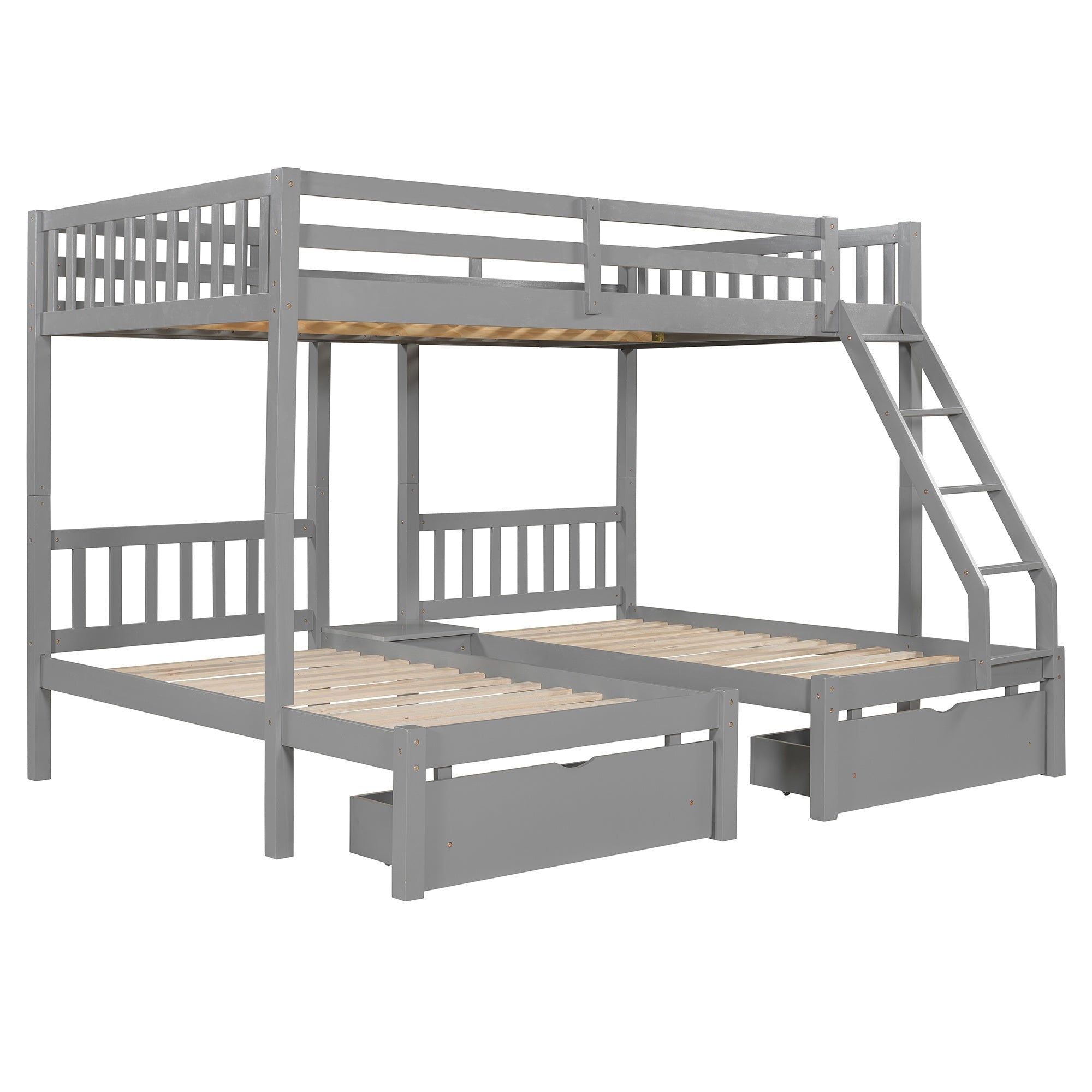 Bellemave® Full Over Twin & Twin Bunk Bed, Wood Triple Bunk Bed with Drawers and Guardrails, Gray - Bellemave