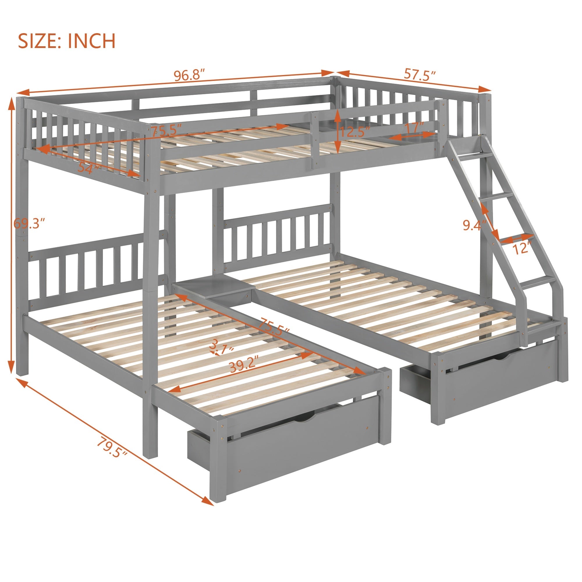 Bellemave® Full Over Twin & Twin Bunk Bed, Wood Triple Bunk Bed with Drawers and Guardrails, Gray - Bellemave
