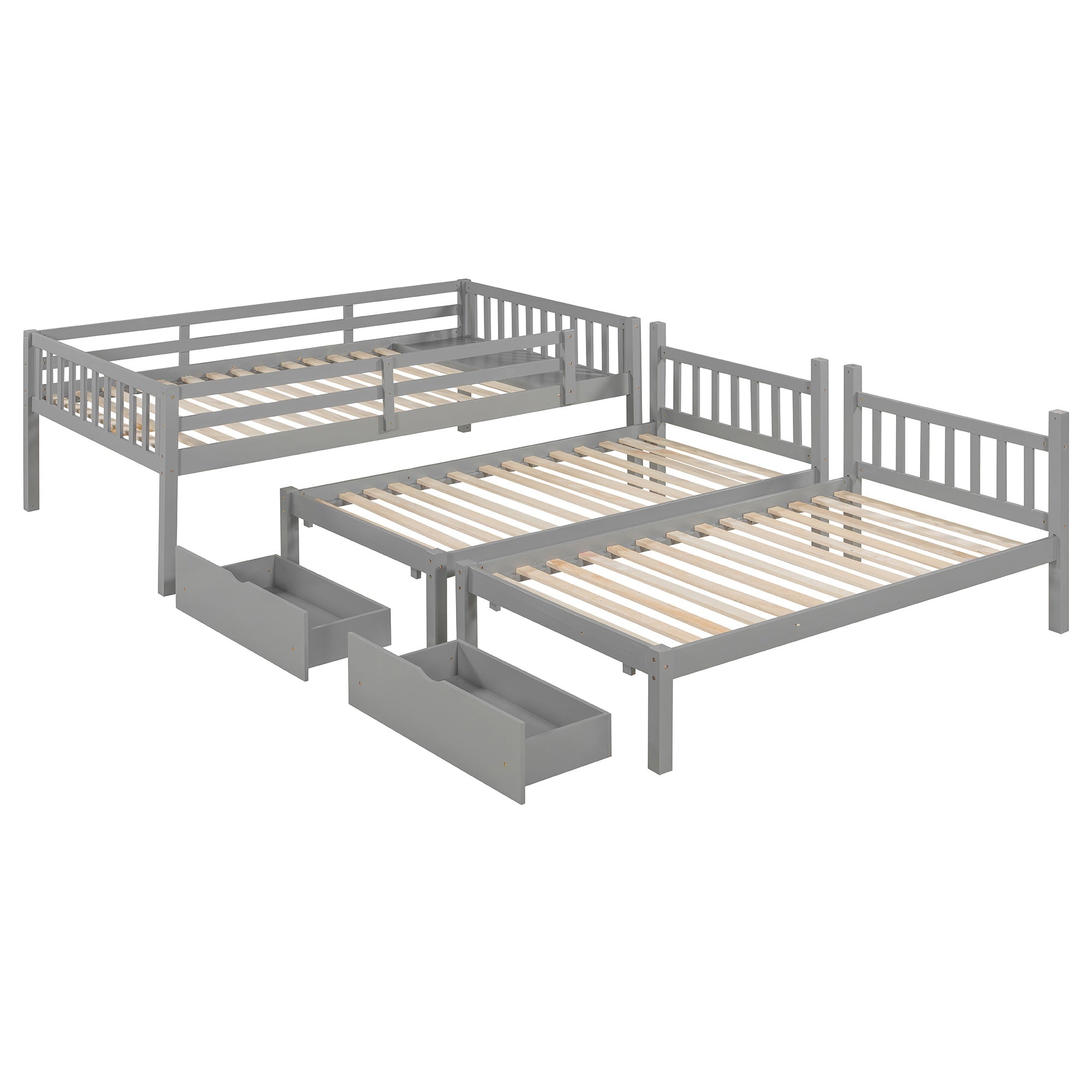 Bellemave® Full Over Twin & Twin Bunk Bed, Wood Triple Bunk Bed with Drawers and Guardrails, Gray - Bellemave