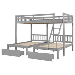 Bellemave® Full Over Twin & Twin Bunk Bed, Wood Triple Bunk Bed with Drawers and Guardrails, Gray - Bellemave