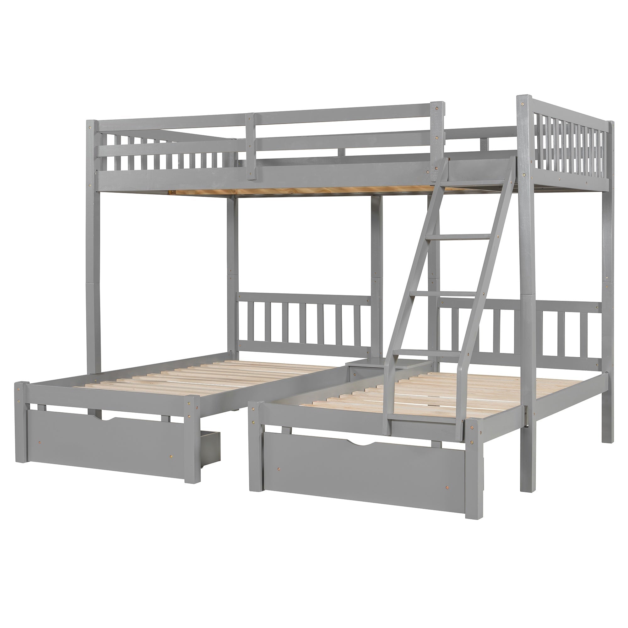 Bellemave® Full Over Twin & Twin Bunk Bed, Wood Triple Bunk Bed with Drawers and Guardrails, Gray - Bellemave