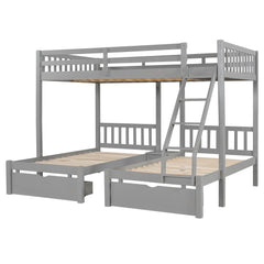 Bellemave® Full Over Twin & Twin Bunk Bed, Wood Triple Bunk Bed with Drawers and Guardrails, Gray - Bellemave