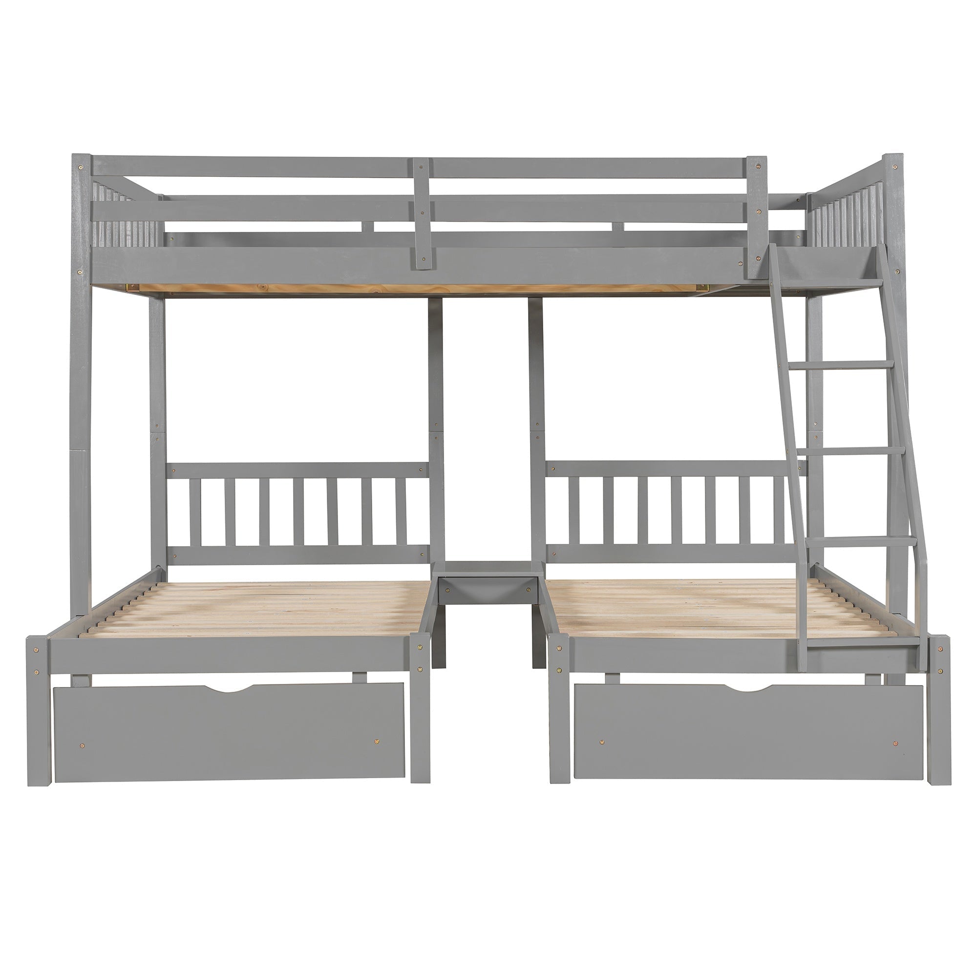 Bellemave® Full Over Twin & Twin Bunk Bed, Wood Triple Bunk Bed with Drawers and Guardrails, Gray - Bellemave