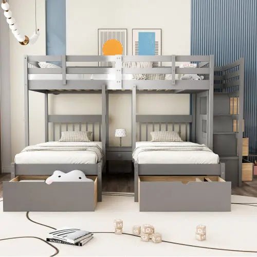 Bellemave® Full over Twin & Twin Triple Bunk Bed with 2 Drawers and Guardrails - Bellemave