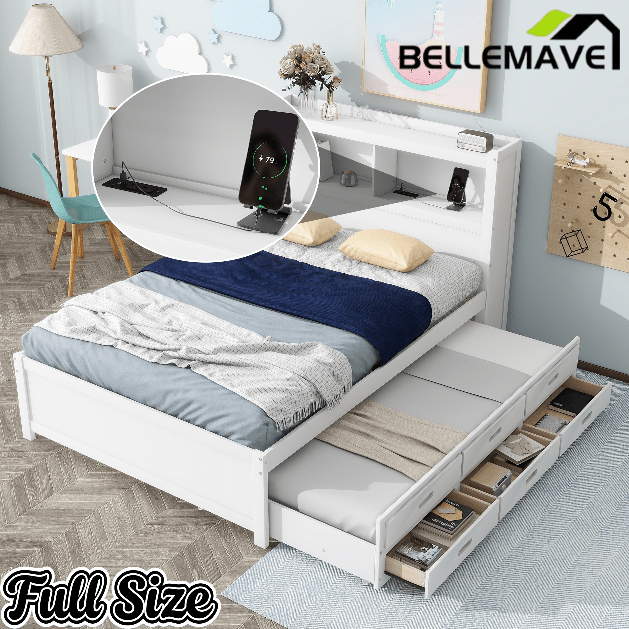 Bellemave® Full Size Bed Frame with Drawers & Storage Headboard, Solid Wood Platform Bed with Trundle & USB Ports for Teens, Adults - Bellemave