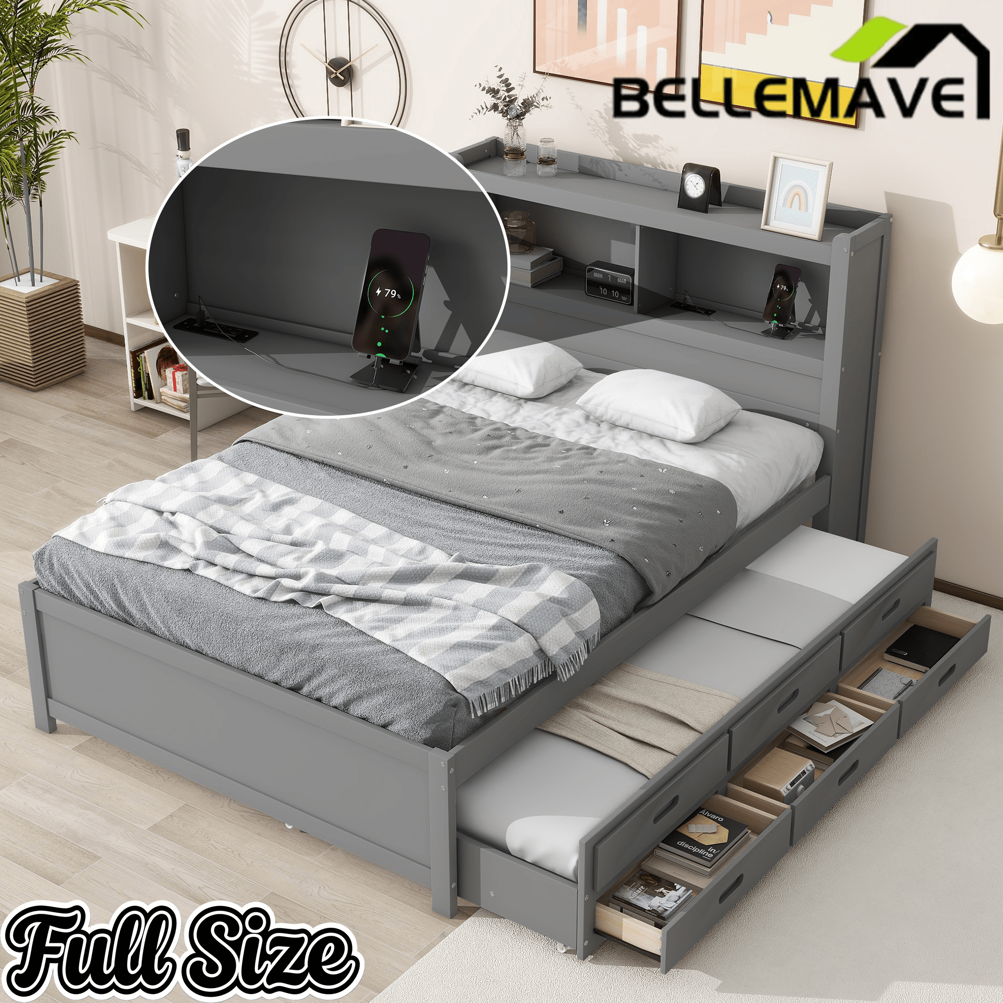 Bellemave® Full Size Bed Frame with Drawers & Storage Headboard, Solid Wood Platform Bed with Trundle & USB Ports for Teens, Adults - Bellemave