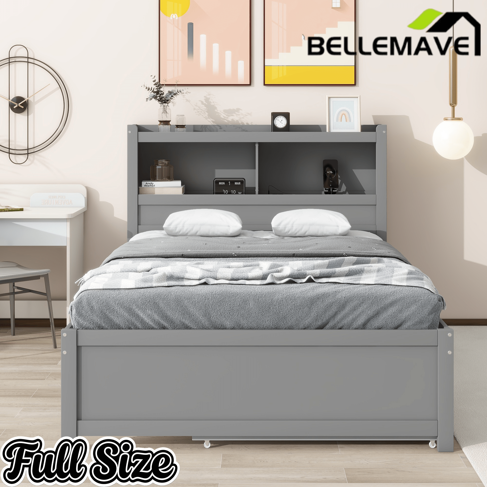 Bellemave® Full Size Bed Frame with Drawers & Storage Headboard, Solid Wood Platform Bed with Trundle & USB Ports for Teens, Adults - Bellemave