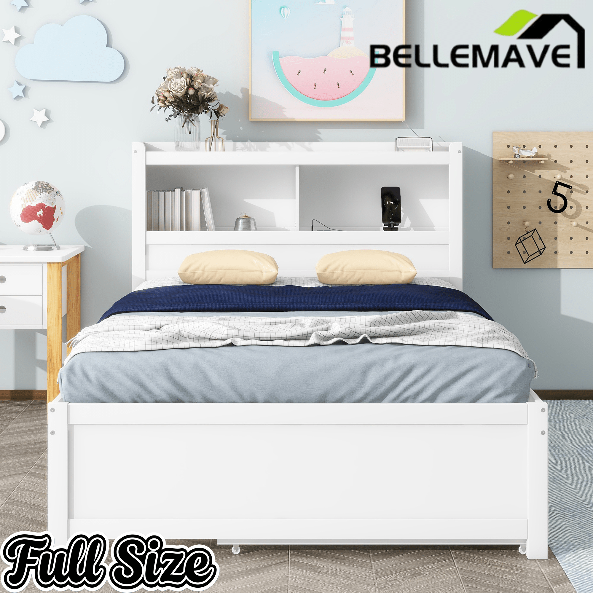 Bellemave® Full Size Bed Frame with Drawers & Storage Headboard, Solid Wood Platform Bed with Trundle & USB Ports for Teens, Adults - Bellemave