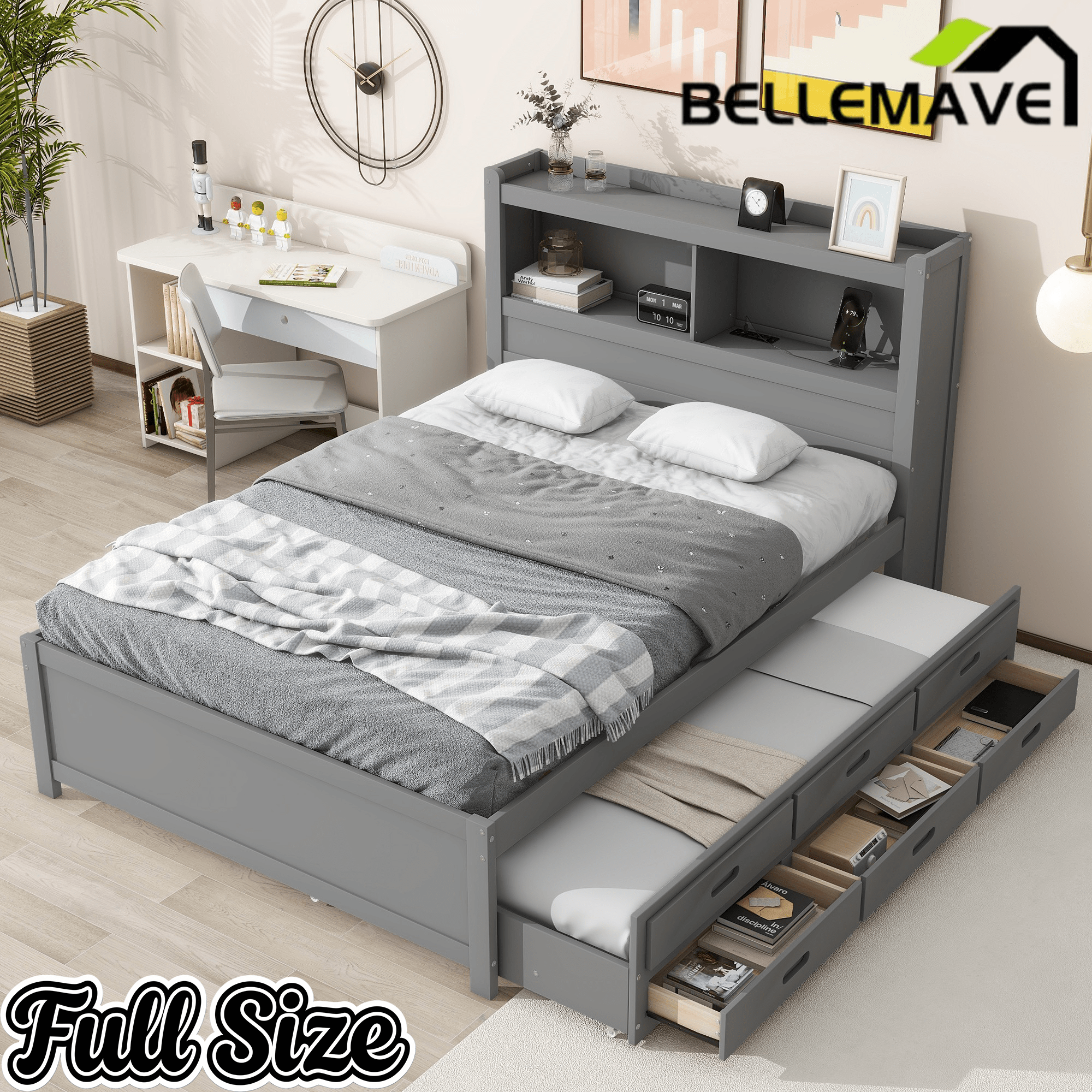 Bellemave® Full Size Bed Frame with Drawers & Storage Headboard, Solid Wood Platform Bed with Trundle & USB Ports for Teens, Adults - Bellemave