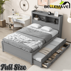 Bellemave® Full Size Bed Frame with Drawers & Storage Headboard, Solid Wood Platform Bed with Trundle & USB Ports for Teens, Adults - Bellemave