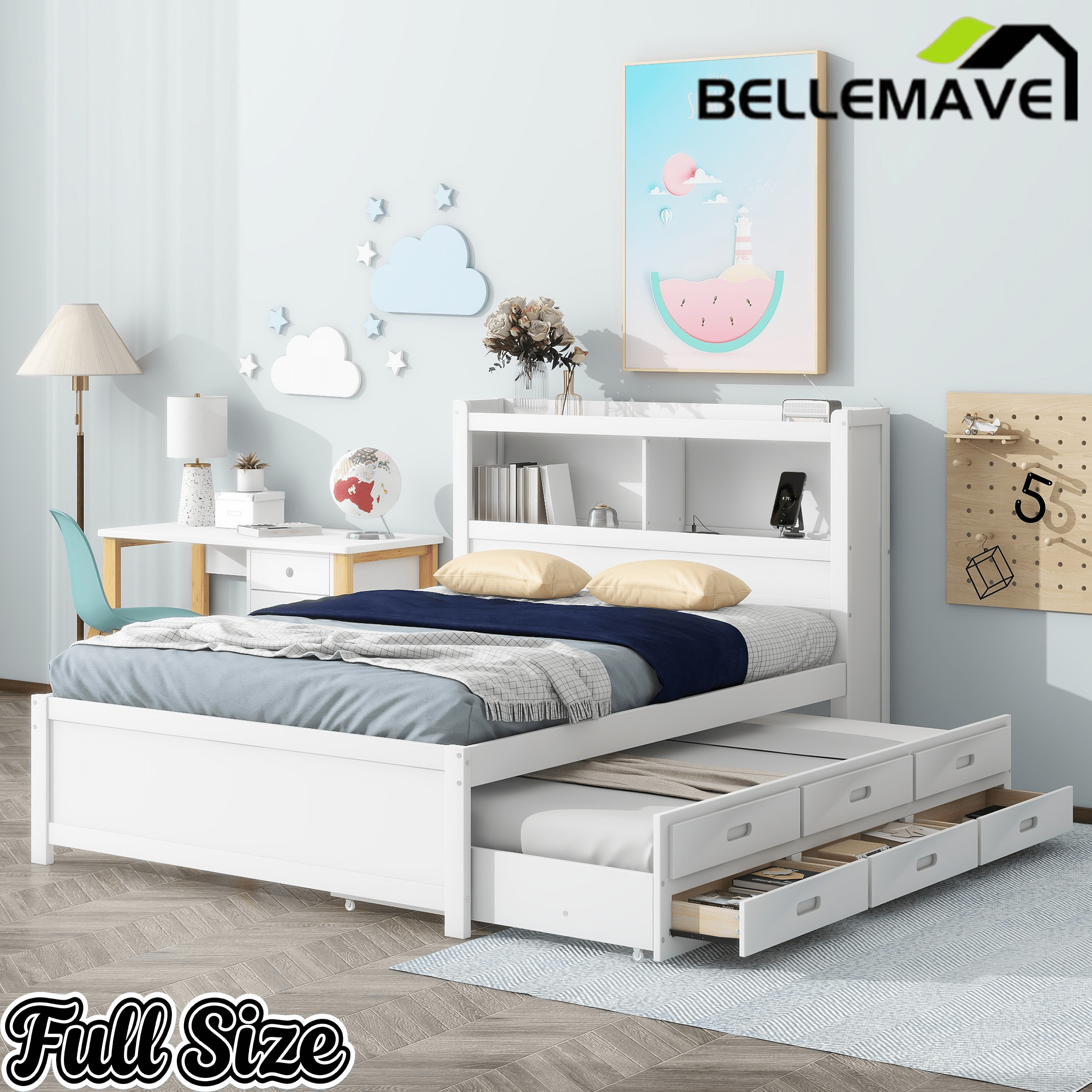 Bellemave® Full Size Bed Frame with Drawers & Storage Headboard, Solid Wood Platform Bed with Trundle & USB Ports for Teens, Adults - Bellemave