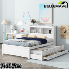 Bellemave® Full Size Bed Frame with Drawers & Storage Headboard, Solid Wood Platform Bed with Trundle & USB Ports for Teens, Adults - Bellemave