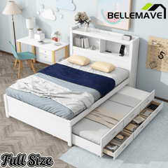 Bellemave® Full Size Bed Frame with Drawers & Storage Headboard, Solid Wood Platform Bed with Trundle & USB Ports for Teens, Adults - Bellemave