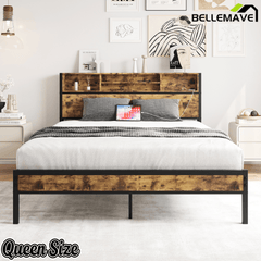 Bellemave® Full Size Bed Frame with Storage Wooden Headboard,Modern Bedroom Metal Platform Bed with Charging Station,No Box Spring Needed,for Adult Kid Teen,Black - Bellemave