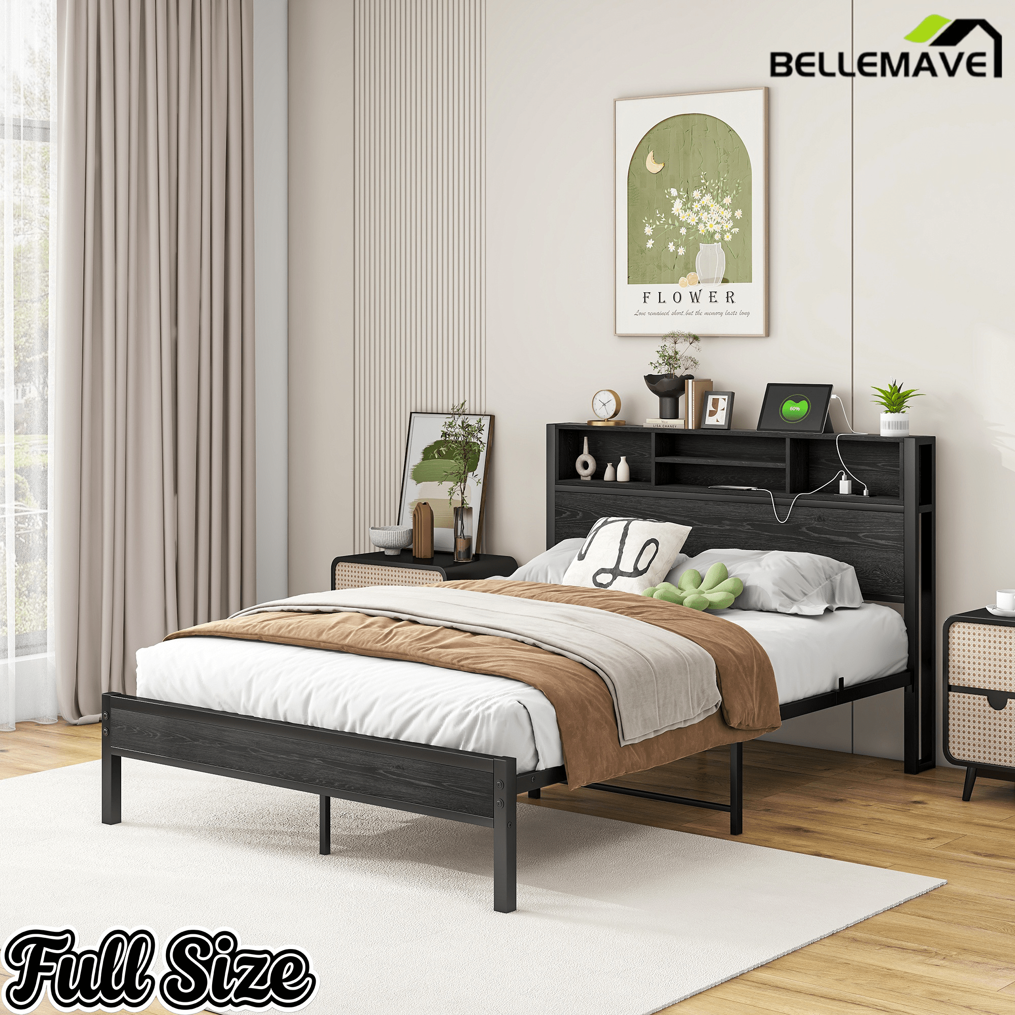 Bellemave® Full Size Bed Frame with Storage Wooden Headboard,Modern Bedroom Metal Platform Bed with Charging Station,No Box Spring Needed,for Adult Kid Teen,Black - Bellemave