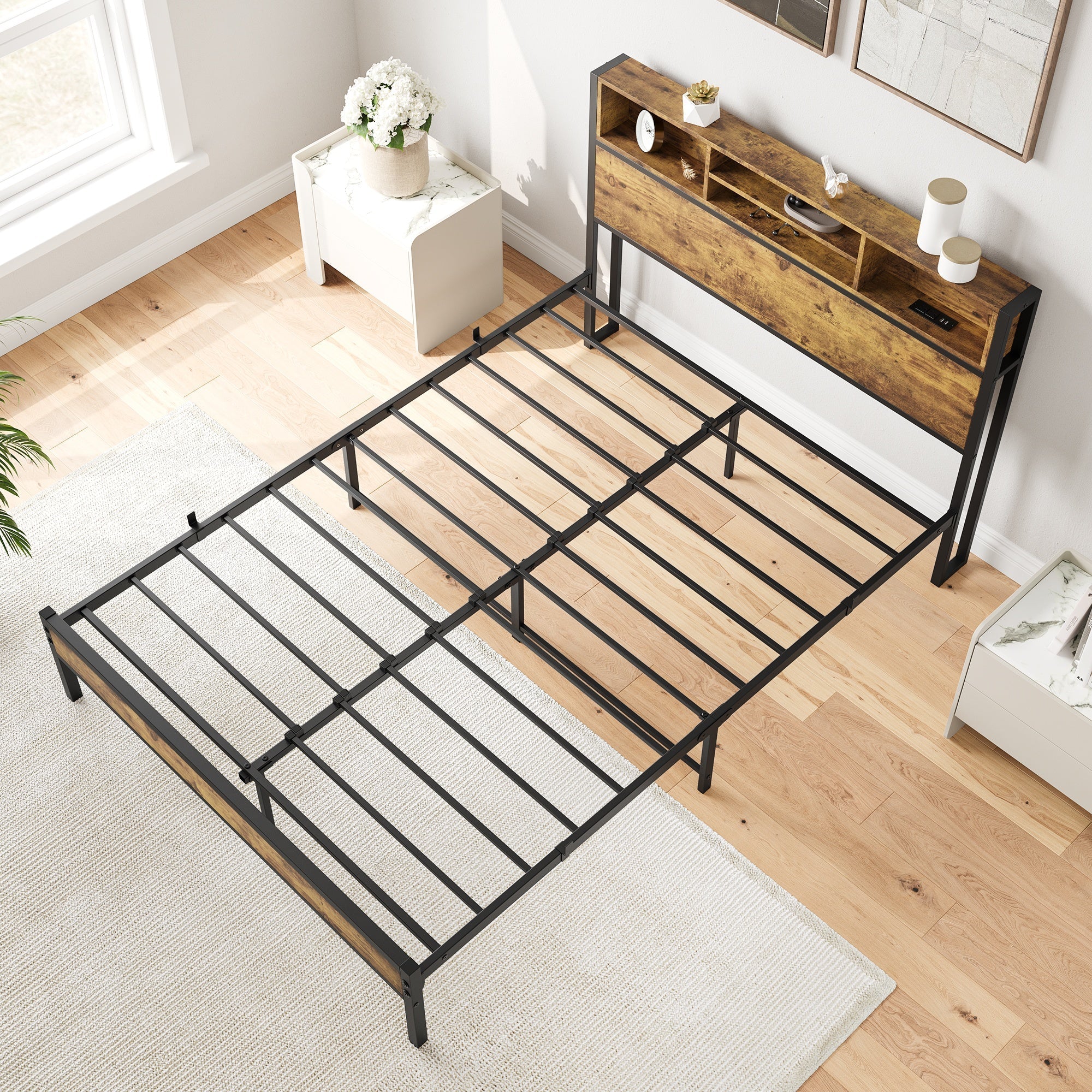 Bellemave® Full Size Bed Frame with Storage Wooden Headboard,Modern Bedroom Metal Platform Bed with Charging Station,No Box Spring Needed,for Adult Kid Teen,Black - Bellemave