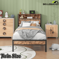 Bellemave® Full Size Bed Frame with Storage Wooden Headboard,Modern Bedroom Metal Platform Bed with Charging Station,No Box Spring Needed,for Adult Kid Teen,Black - Bellemave