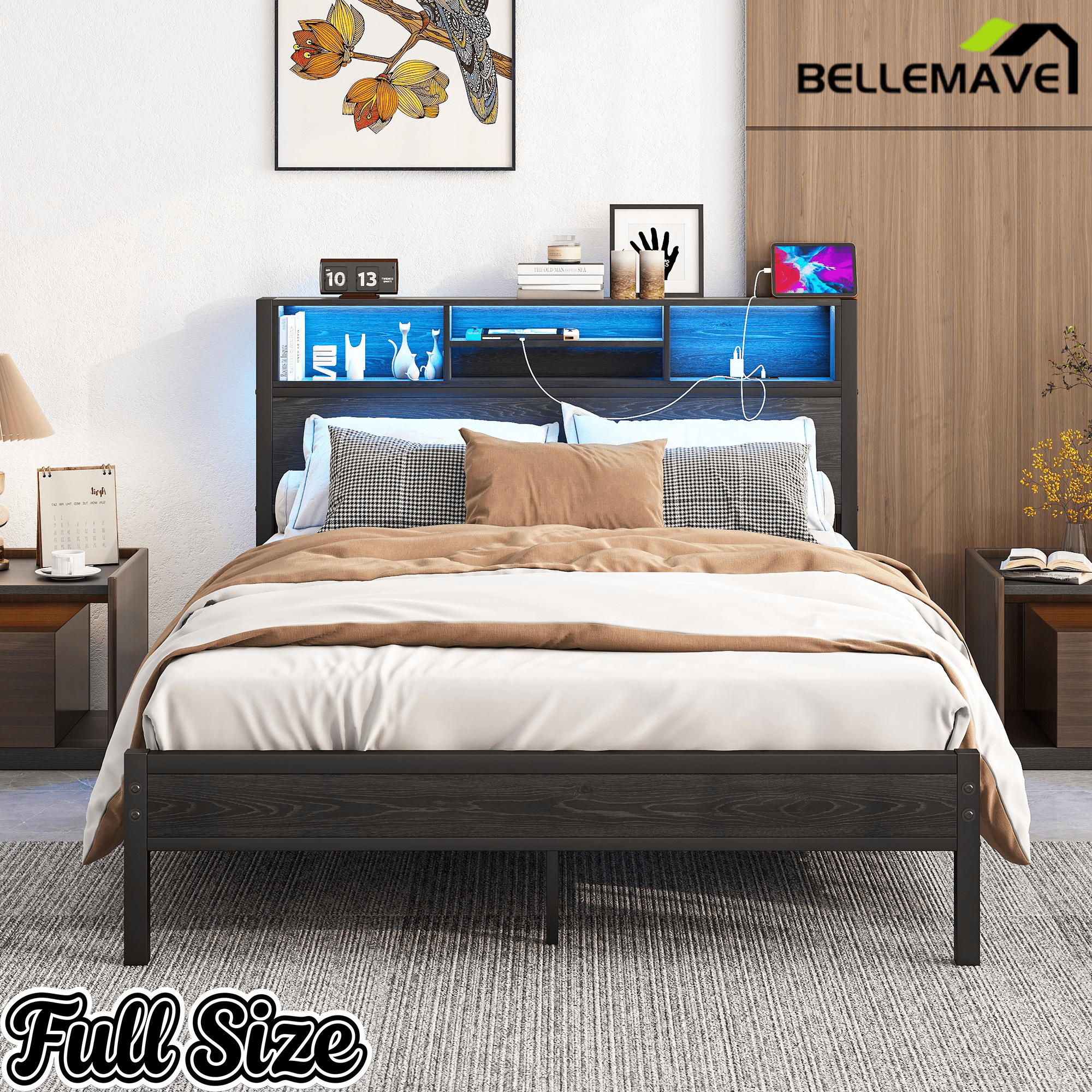 Bellemave® Full Size Bed Frame with Storage Wooden Headboard,Modern Bedroom Metal Platform Bed with Charging Station,No Box Spring Needed,for Adult Kid Teen,Black - Bellemave